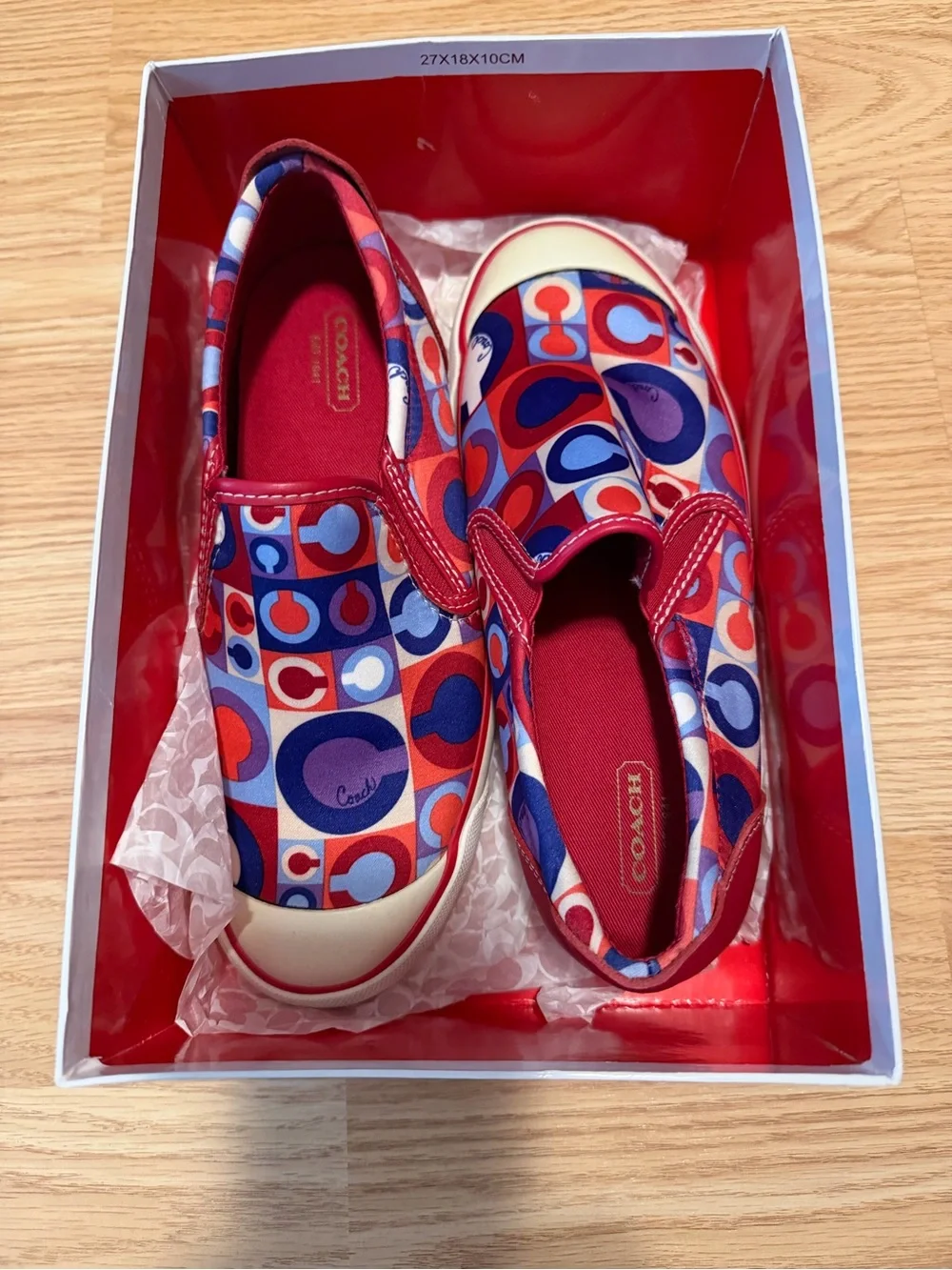 Coach Women's Slip-On Sneakers in Red, Blue & Purple Geometric Print